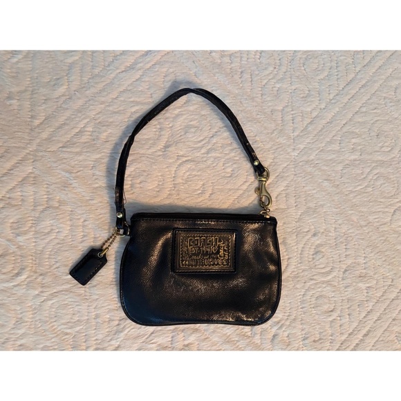 Coach Wristlet Black Gold Hardware Compact Zipper Mini Bag Minimalist Chic - Picture 5 of 7